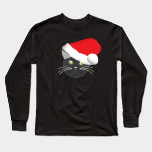 Christmas Kitty Cat Wearing a Santa Hat (Black Background) Long Sleeve T-Shirt